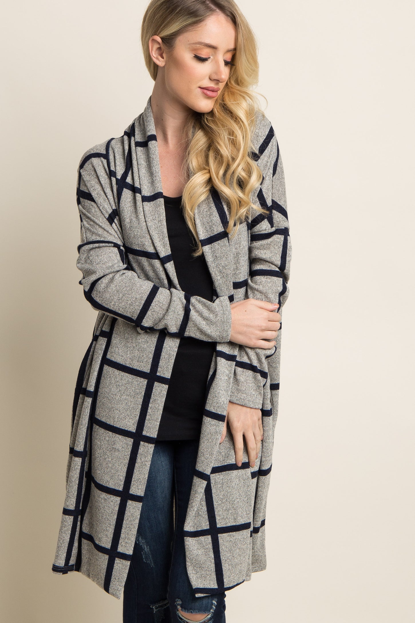 PinkBlush Grey Plaid Long Knit Cardigan