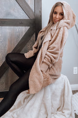 Taupe Fuzzy Hooded Long Sleeve Jacket