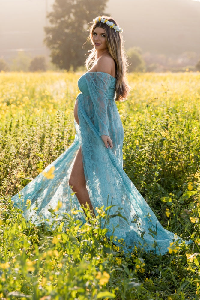 PinkBlush Blue Lace Off Shoulder Maternity Photoshoot Gown/Dress Large