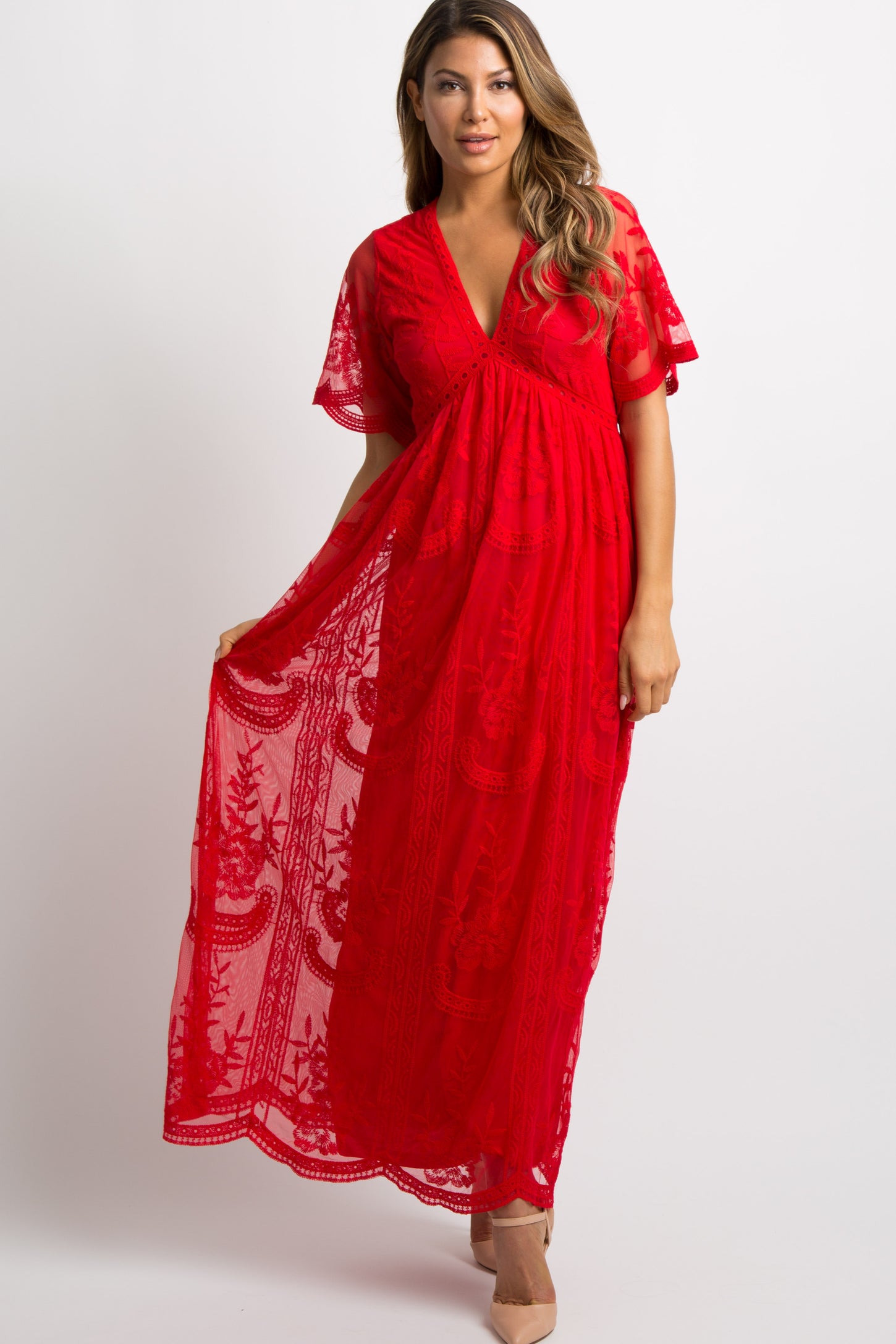 PinkBlush Red Lace Mesh Overlay Maxi Dress PinkBlush Red Lace Mesh Overlay Maxi Dress