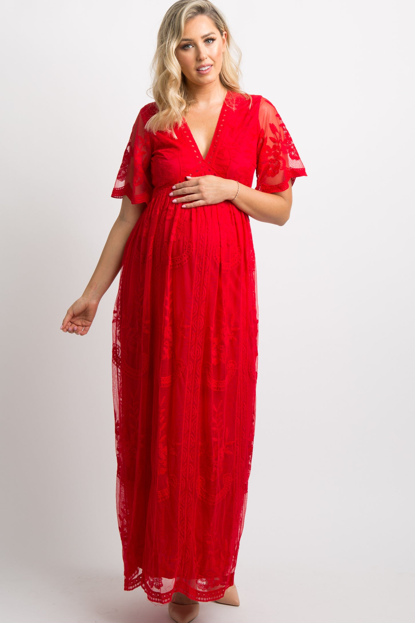 PinkBlush Red Lace Overlay Maternity Maxi Dress PinkBlush Red Lace Overlay Maternity Maxi Dress