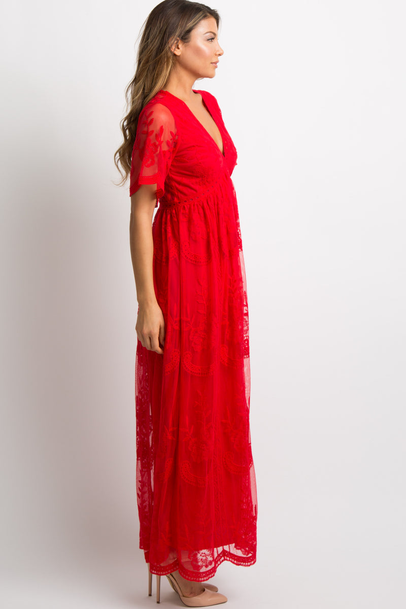 PinkBlush Red Lace Mesh Overlay Maxi Dress PinkBlush Red Lace Mesh Overlay Maxi Dress