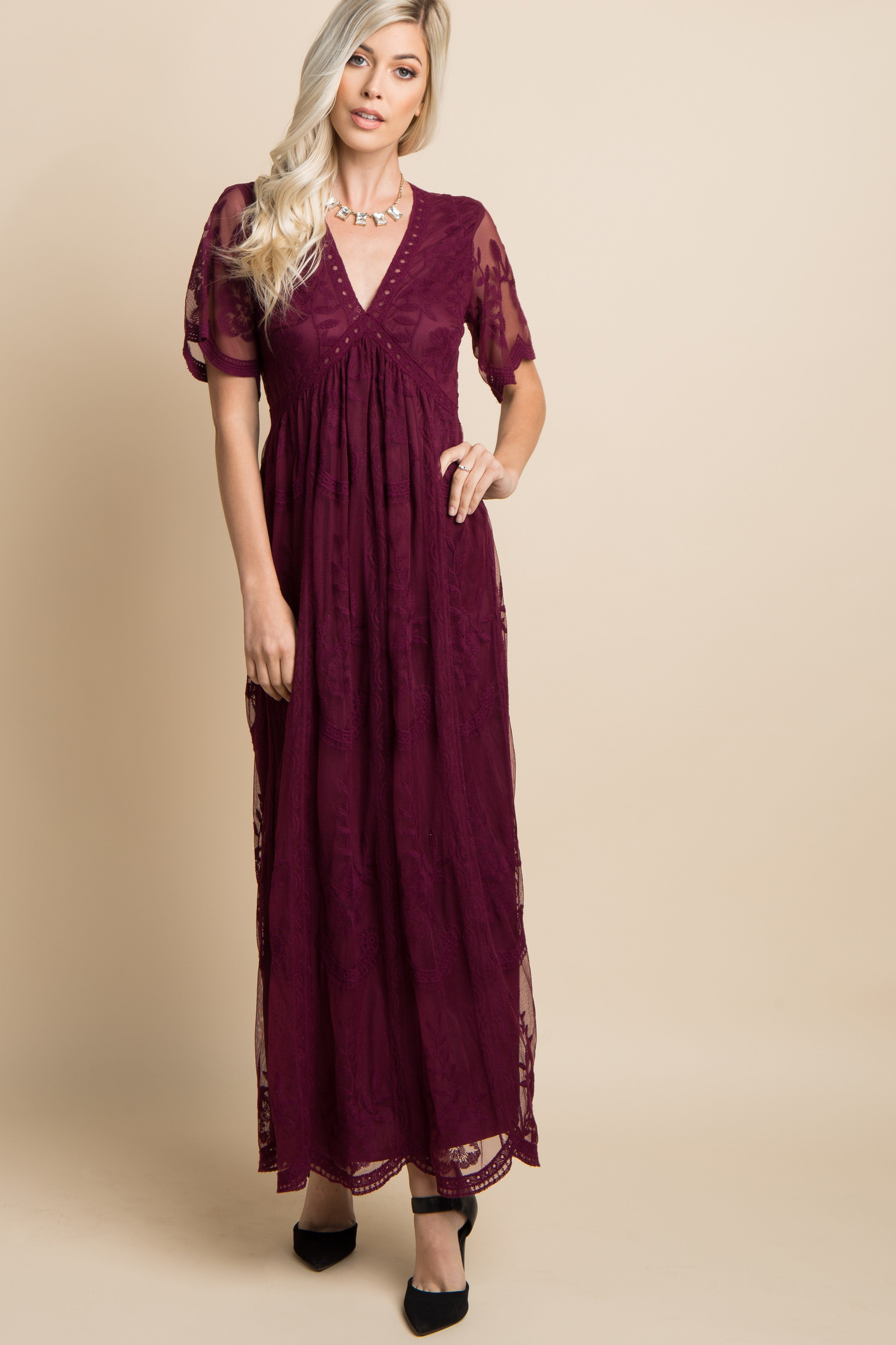 Pinkblush Burgundy Lace Mesh Overlay Maternity Maxi Dress Small