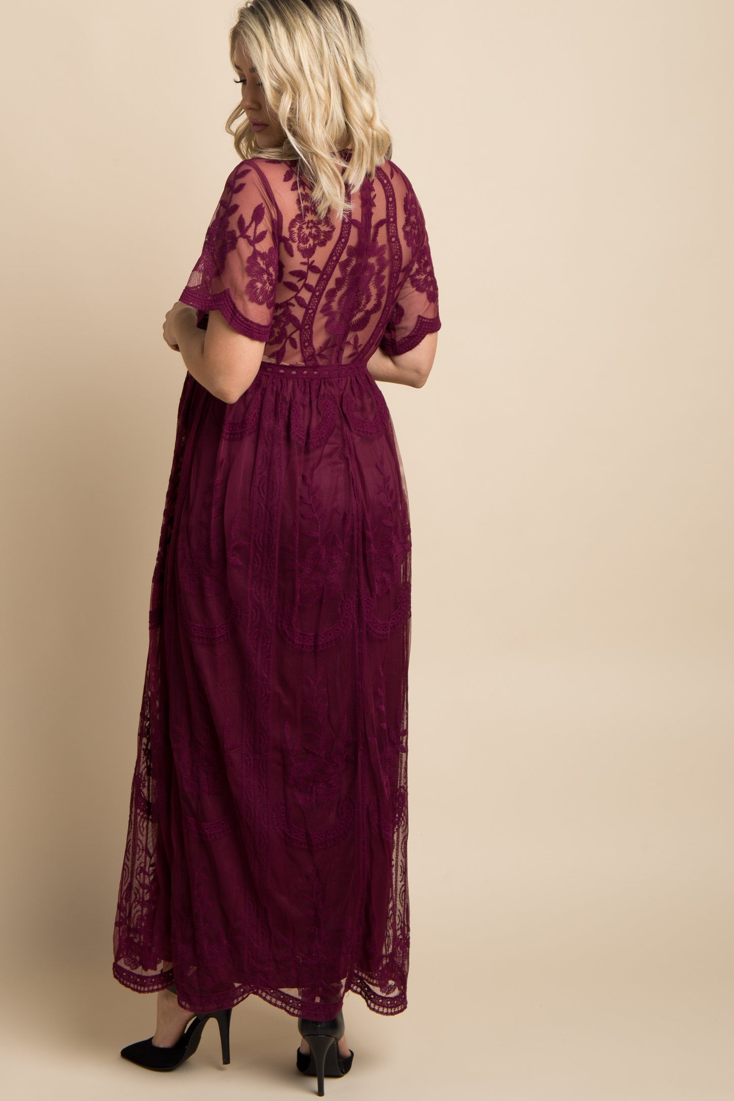 Burgundy Lace Mesh Overlay Maternity Maxi Dress PinkBlush Burgundy Lace Mesh Overlay Maternity Maxi Dress PinkBlush
