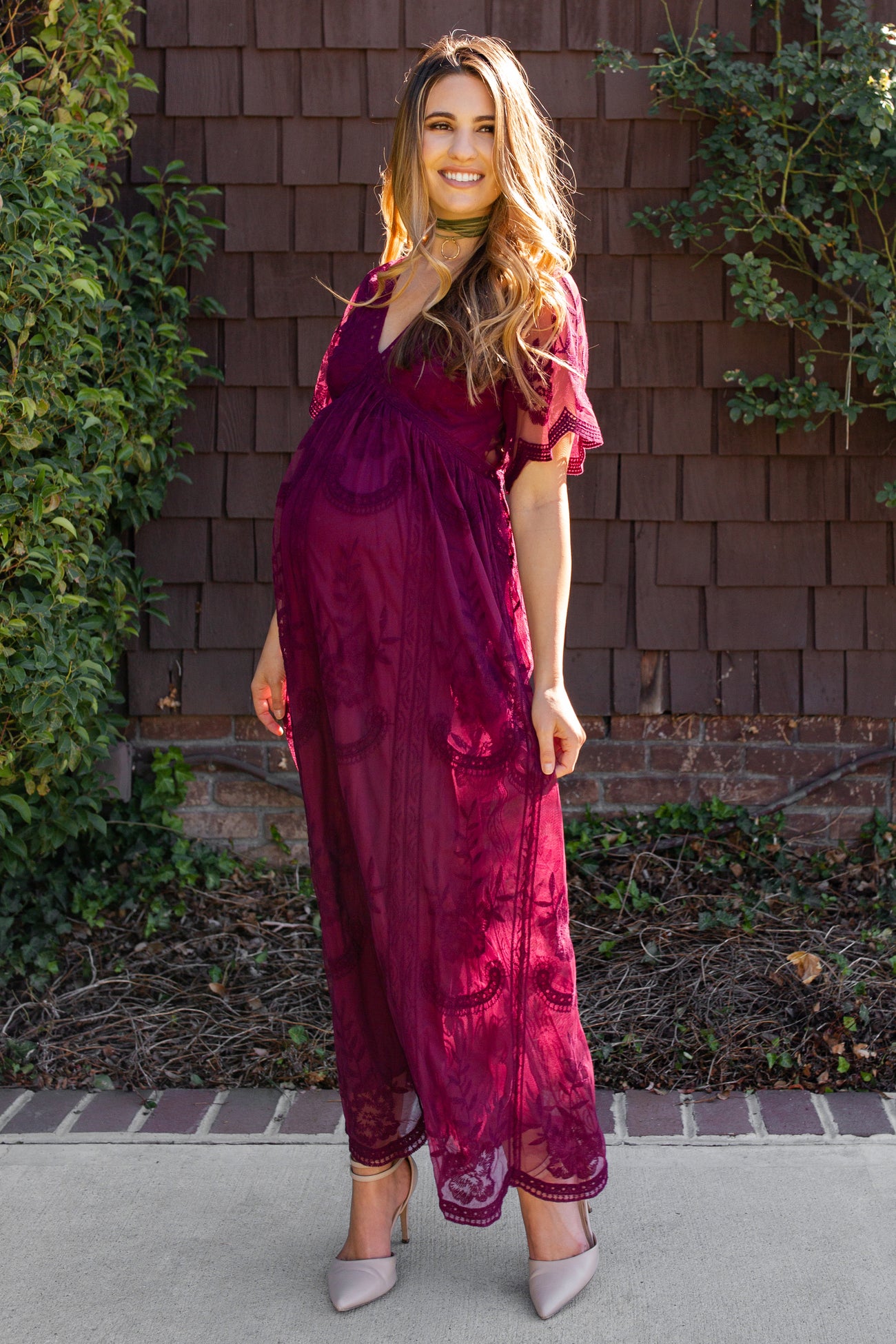 Burgundy Lace Overlay Maternity Maxi Dress Burgundy Lace Overlay Maternity Maxi Dress