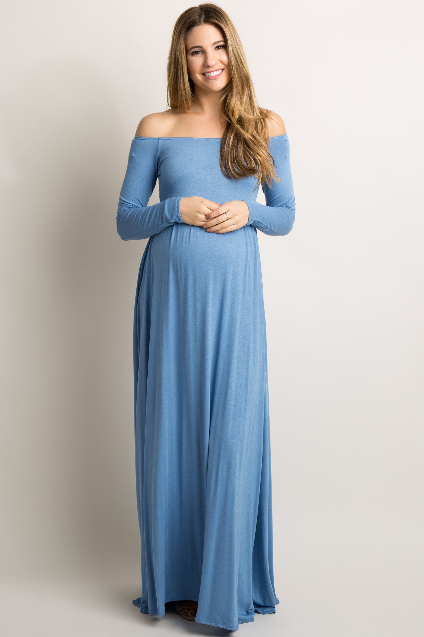 PinkBlush Petite Blue Solid Off Shoulder Maternity Maxi Dress PinkBlush Petite Blue Solid Off Shoulder Maternity Maxi Dress