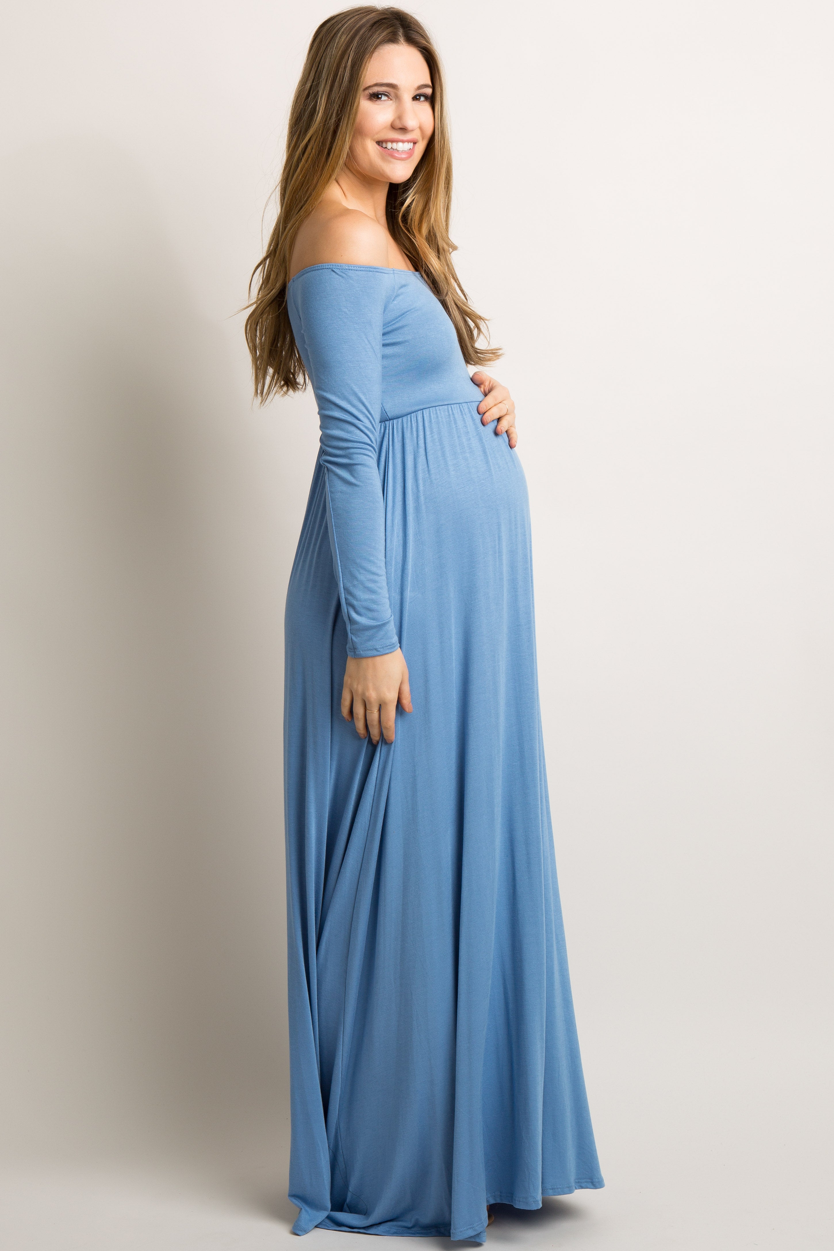 PinkBlush Petite Blue Solid Off Shoulder Maternity Maxi Dress Small
