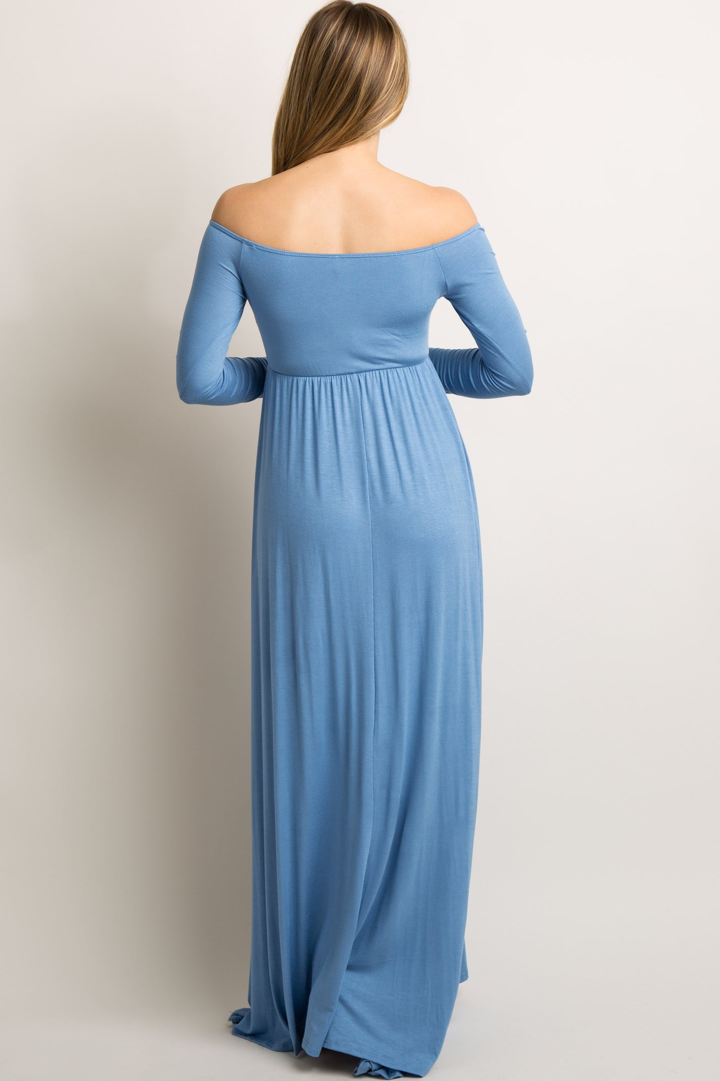PinkBlush Petite Blue Solid Off Shoulder Maternity Maxi Dress PinkBlush Petite Blue Solid Off Shoulder Maternity Maxi Dress