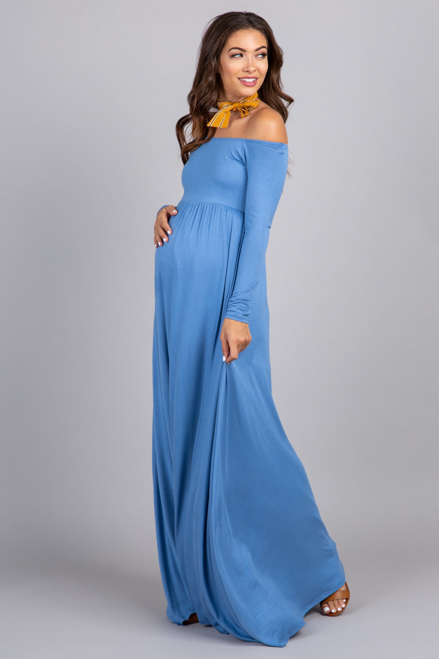 PinkBlush Petite Blue Solid Off Shoulder Maternity Maxi Dress Small