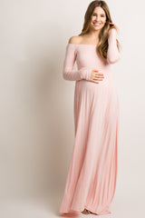 PinkBlush Tall Pink Solid Off Shoulder Maternity Maxi Dress