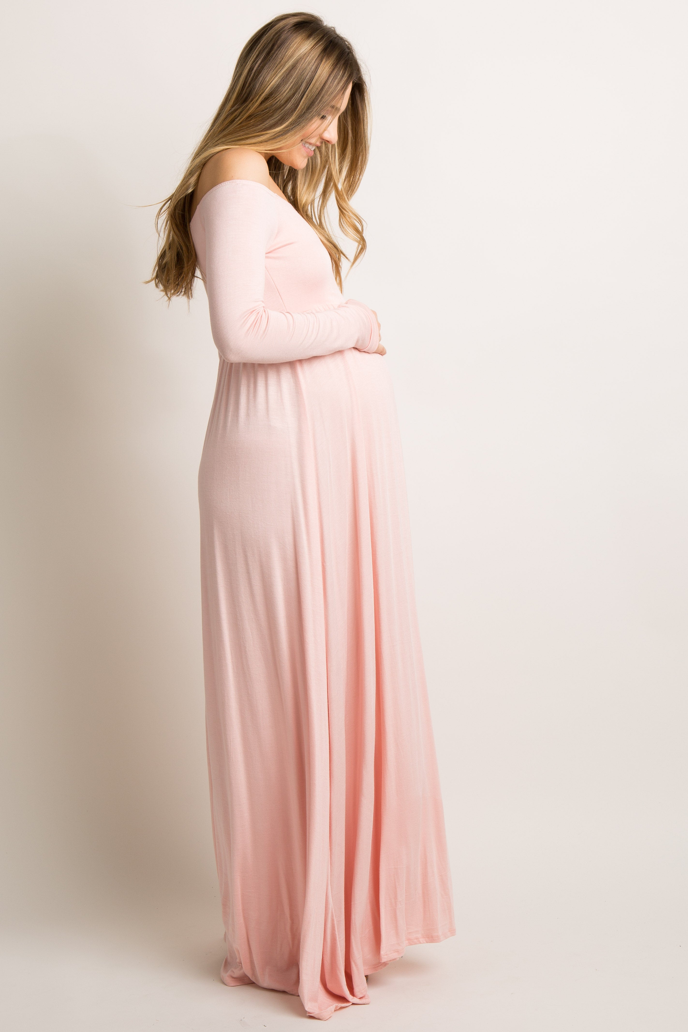 pink blush maternity formal dress Tall Solid Off Shoulder Maternity Maxi take a look at Wash:Lt Blue Poplin Birthday Queen base_color:green