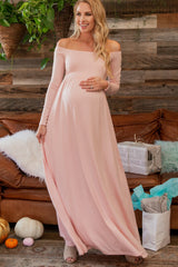 PinkBlush Pink Solid Off Shoulder Maternity Maxi Dress