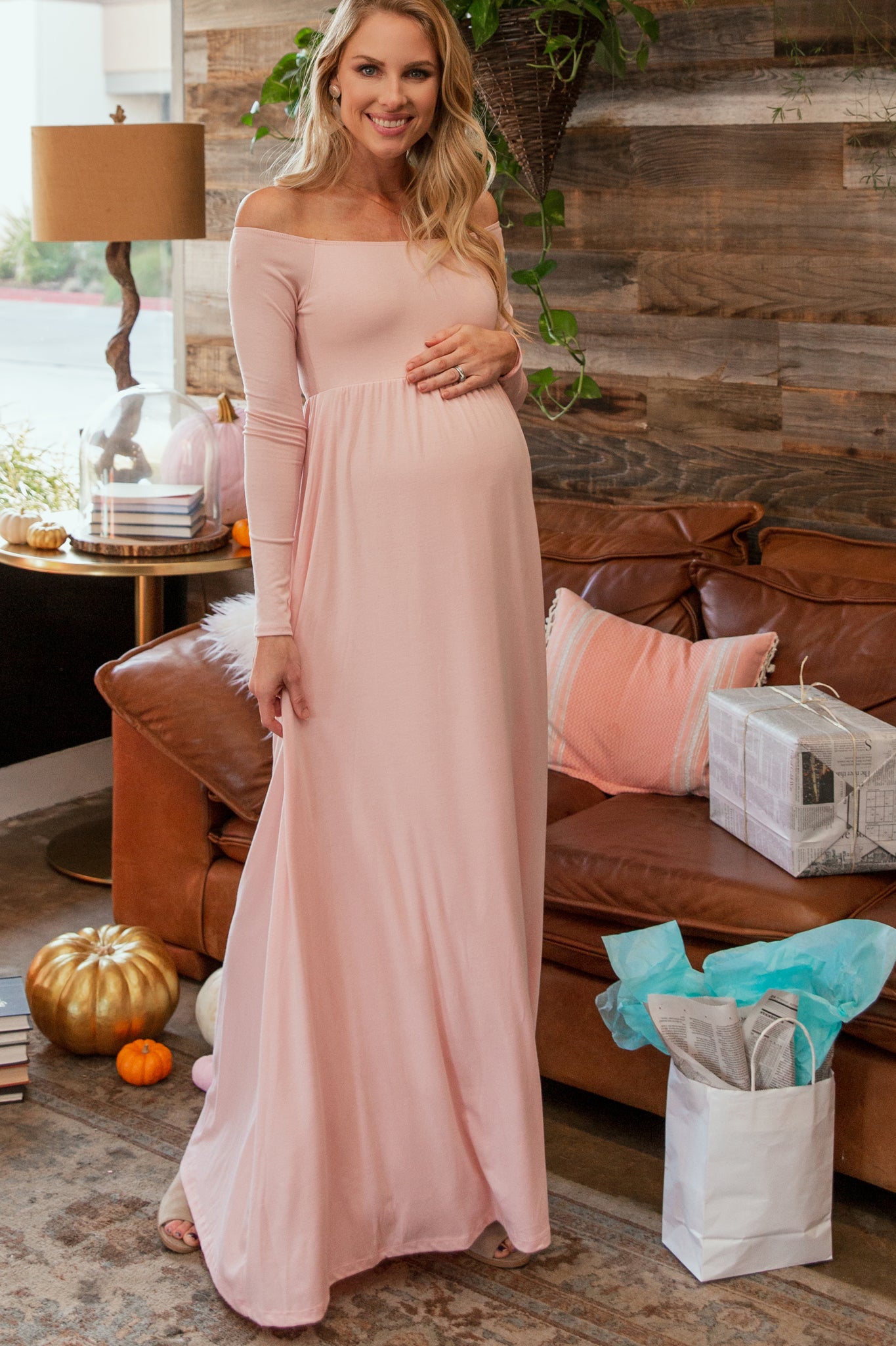 pregnant women pink dress Edith Kimono Maternity Dress in Seashell Pink