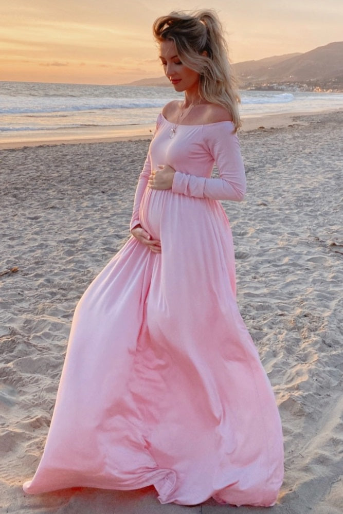 sleeveless women's light pink off the shoulder dress for pregnant PinkBlush Maternity Maxi SIZE:31/32 Lylah Ruffle Chiffon Maxi smarttag_size_in_stock:S Details Turn heads at
