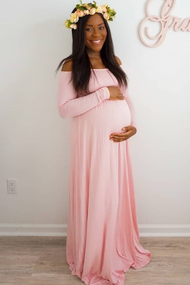 PinkBlush Pink Off Shoulder Maternity Maxi Dress