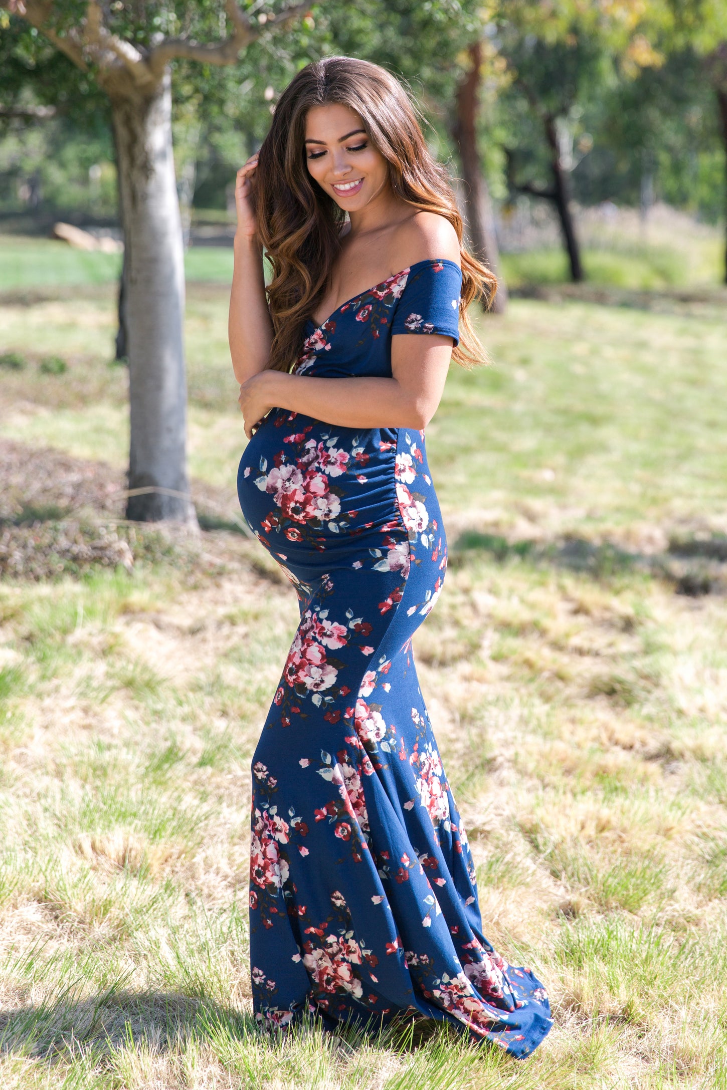 Navy Floral Off Shoulder Wrap Maternity Photoshoot Gown/Dress Navy Floral Off Shoulder Wrap Maternity Photoshoot Gown/Dress