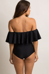 Black Ruffle Trim Ruched One-Piece Maternity Swimsuit