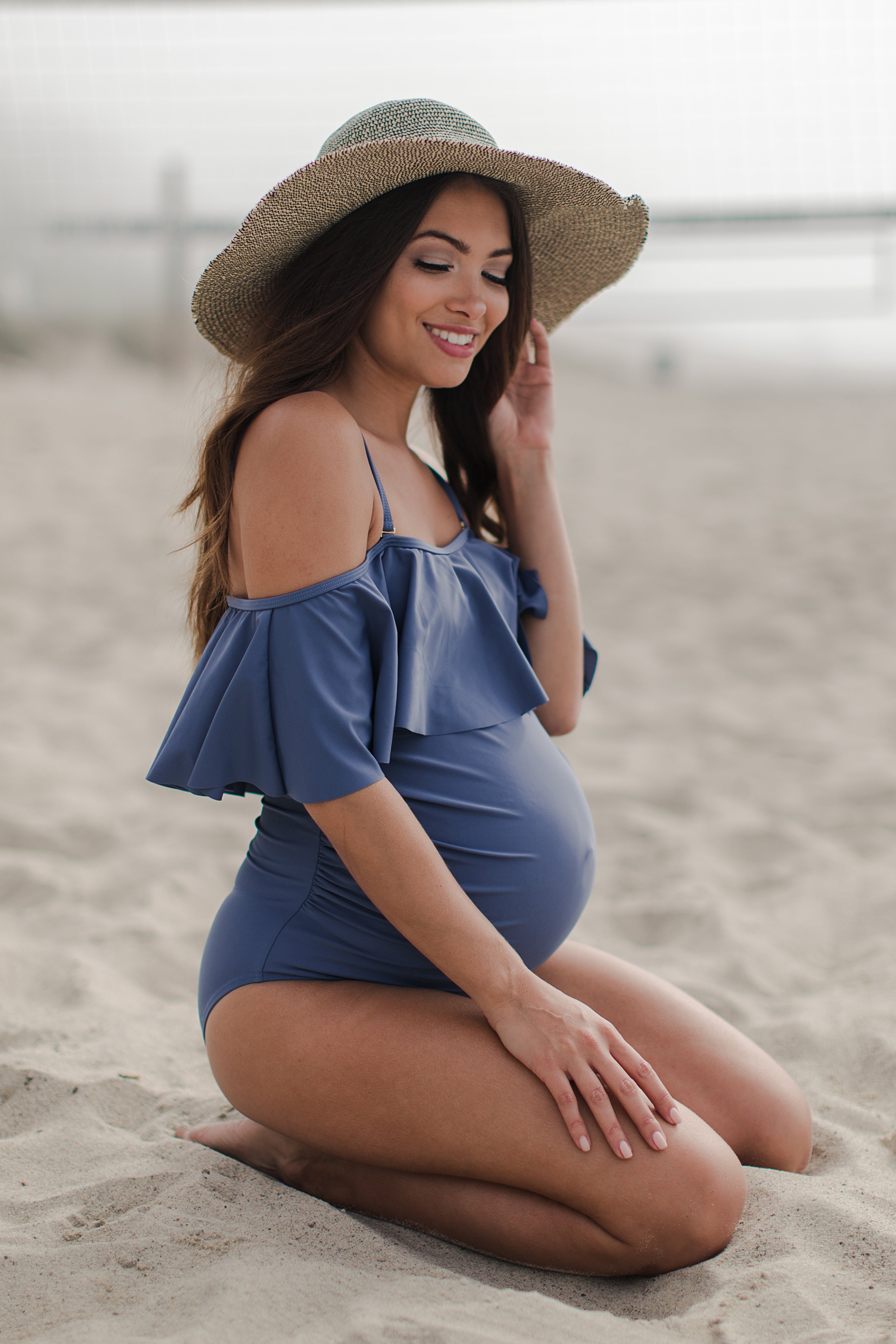 Blue Grey Ruffle Trim Ruched One-Piece Maternity Swimsuit Blue Grey Ruffle Trim Ruched One-Piece Maternity Swimsuit