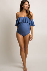 Blue Grey Ruffle Trim Ruched One-Piece Maternity Swimsuit