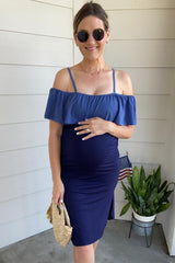 Blue Grey Ruffle Trim Ruched One-Piece Maternity Swimsuit