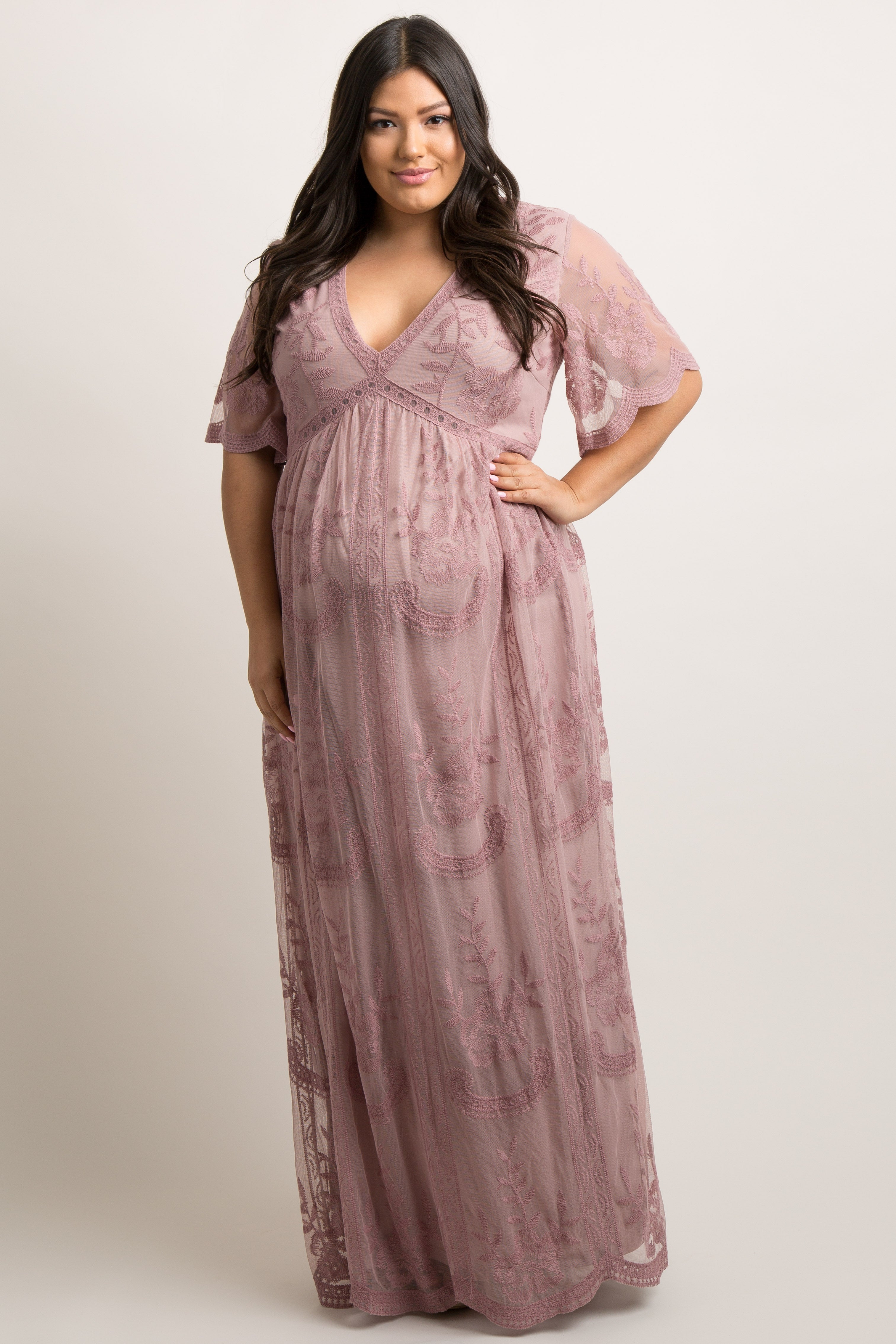 PinkBlush Mauve Lace Mesh Overlay Plus Maternity Maxi Dress PinkBlush Mauve Lace Mesh Overlay Plus Maternity Maxi Dress