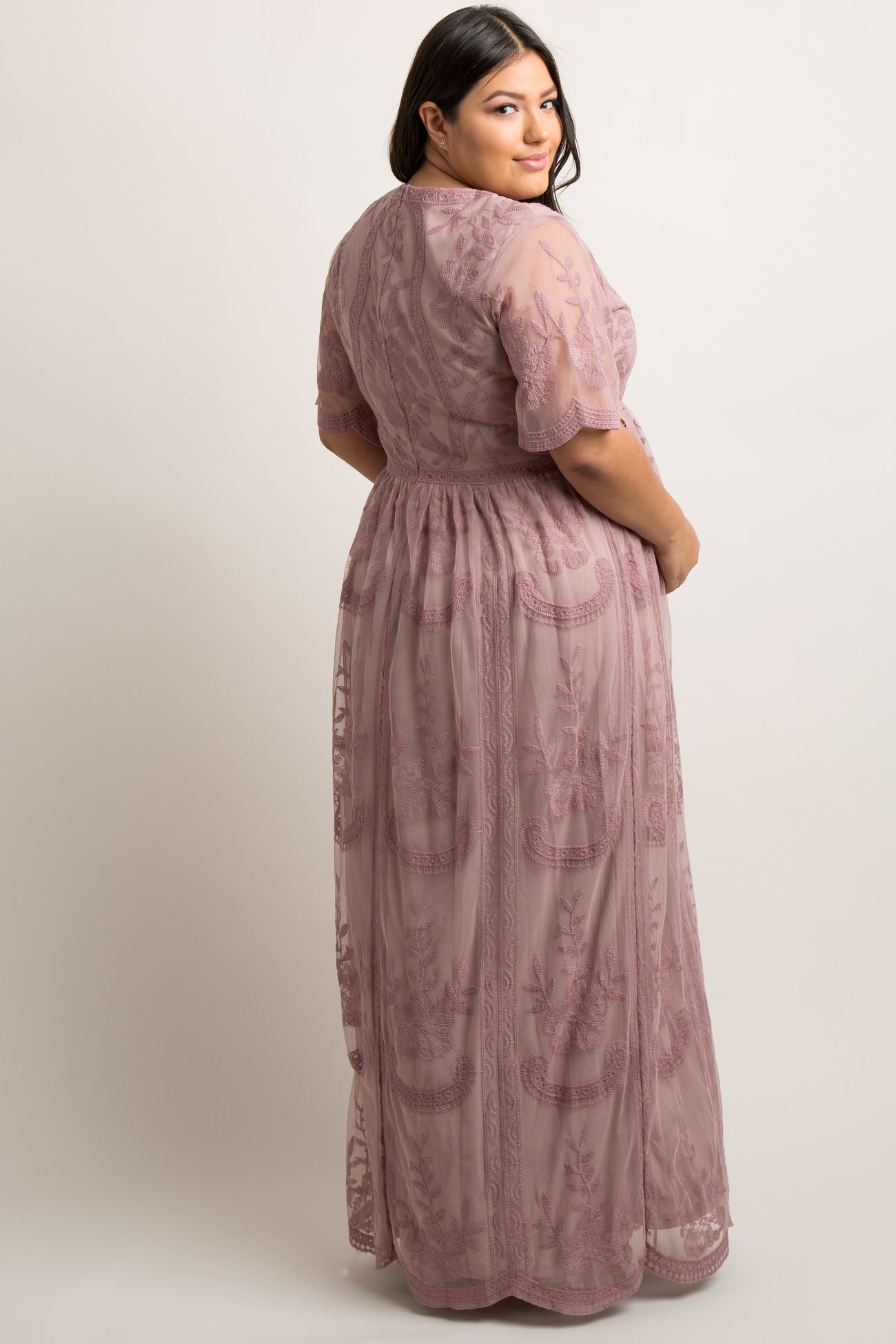 PinkBlush Mauve Lace Mesh Overlay Plus Maternity Maxi Dress PinkBlush Mauve Lace Mesh Overlay Plus Maternity Maxi Dress