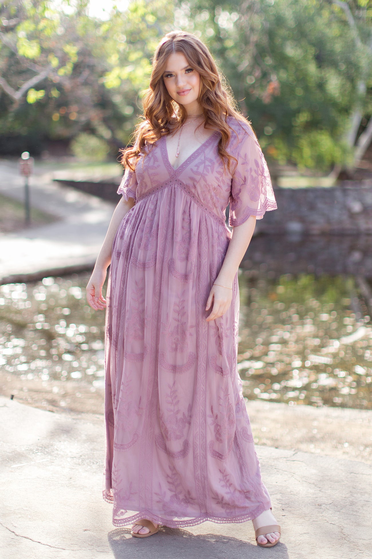 PinkBlush Mauve Lace Mesh Overlay Plus Maternity Maxi Dress