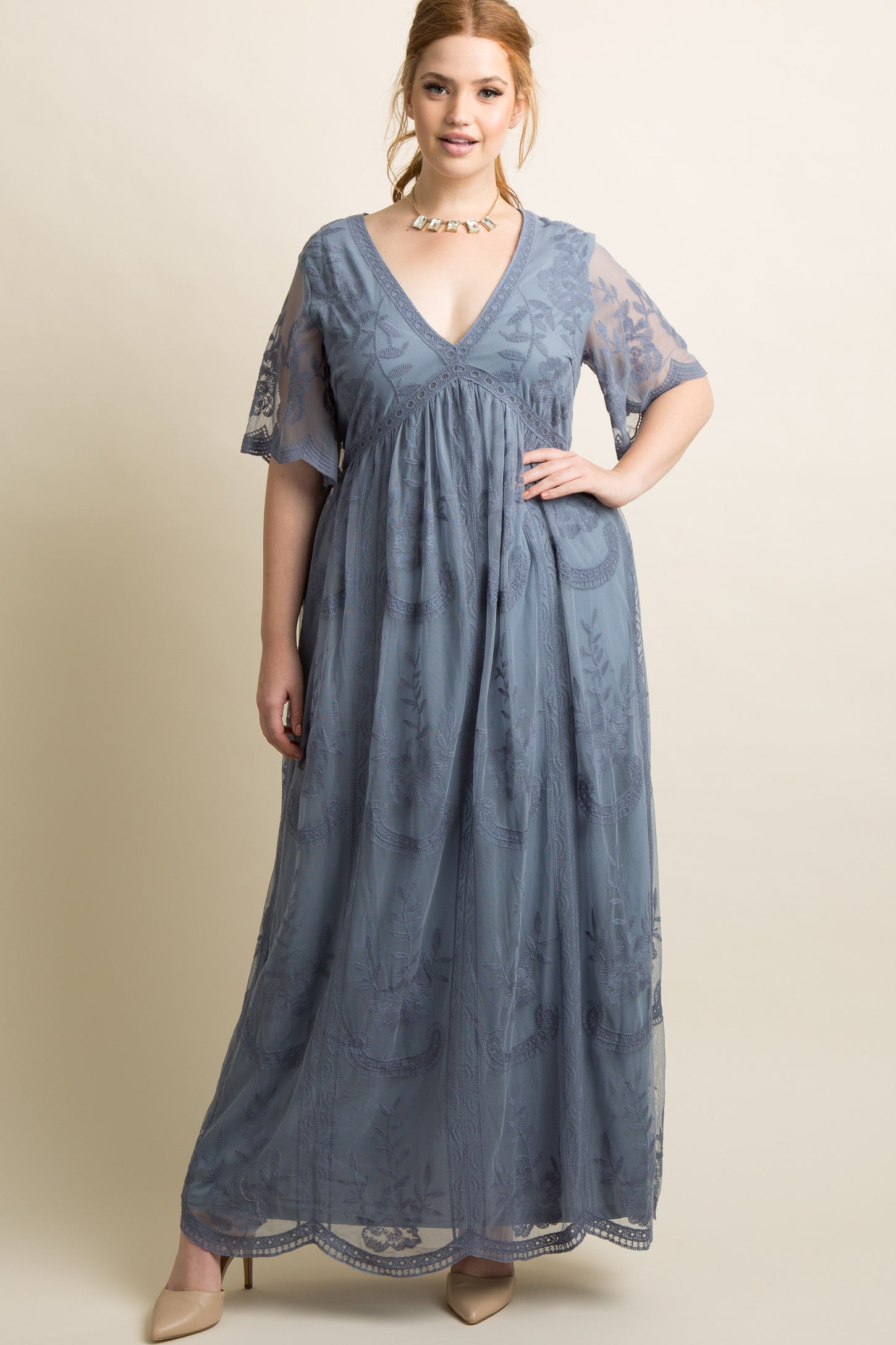 PinkBlush Blue Lace Mesh Overlay Plus Maternity Maxi Dress