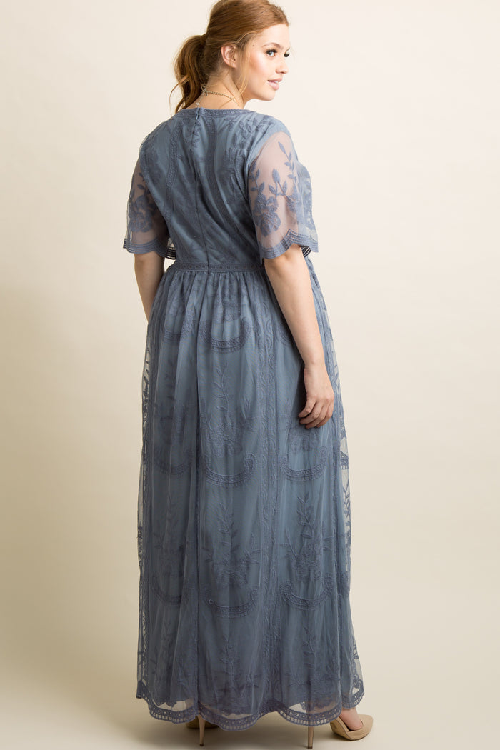 PinkBlush Blue Lace Mesh Overlay Plus Maxi Dress