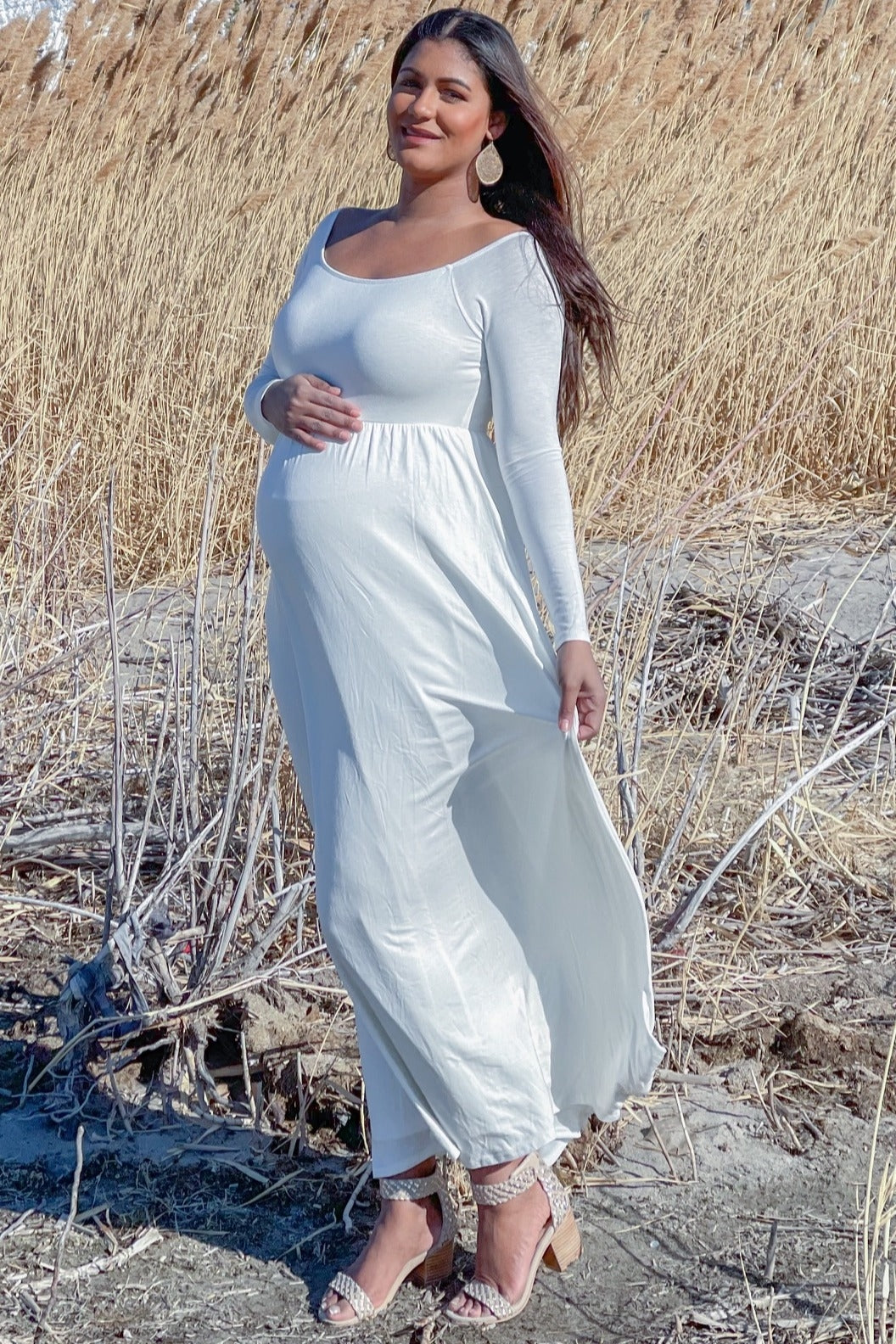 PinkBlush Petite Ivory Solid Off Shoulder Maternity Maxi Dress PinkBlush Petite Ivory Solid Off Shoulder Maternity Maxi Dress