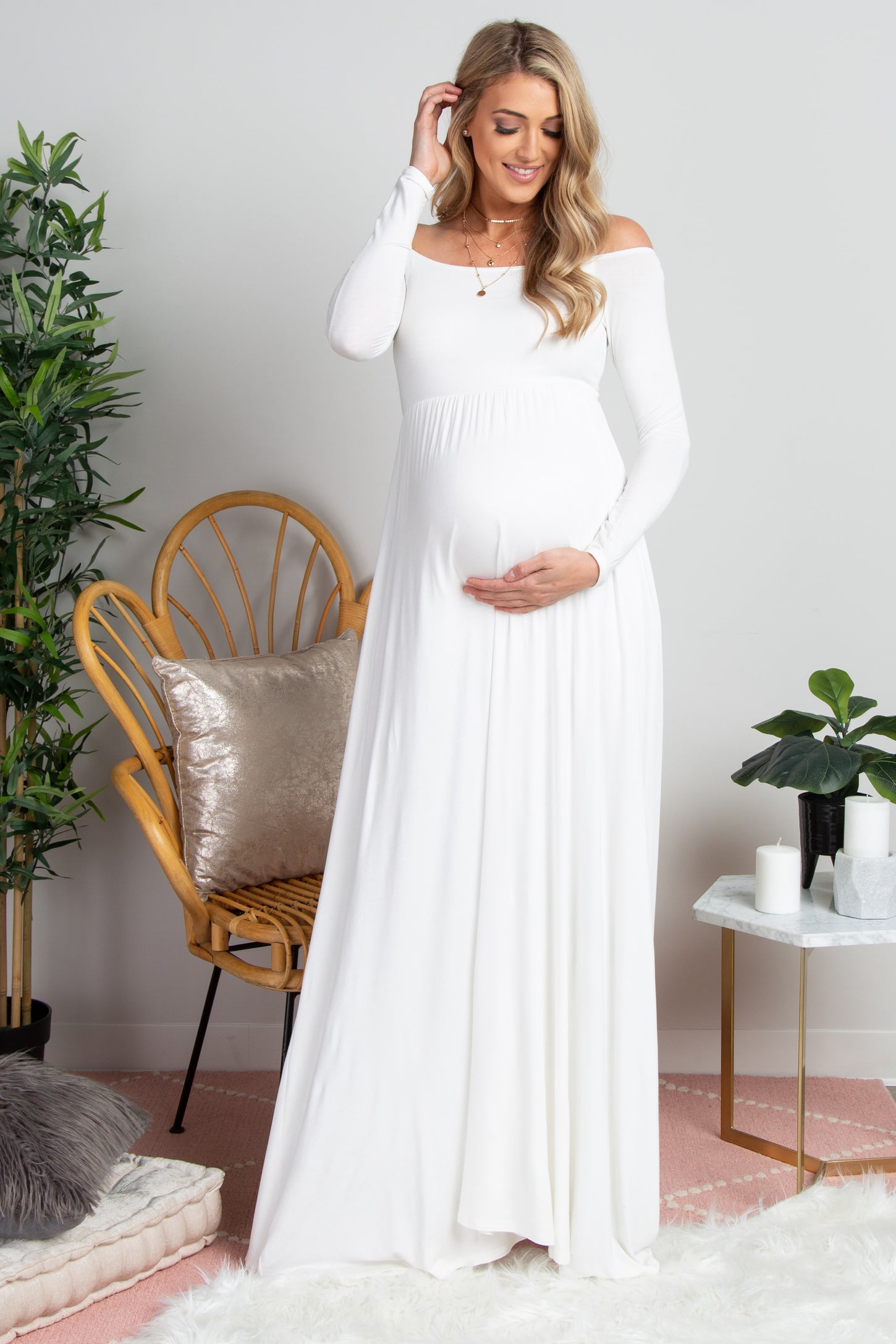 PinkBlush Petite Ivory Off Shoulder Maternity Maxi Dress PinkBlush Petite Ivory Off Shoulder Maternity Maxi Dress