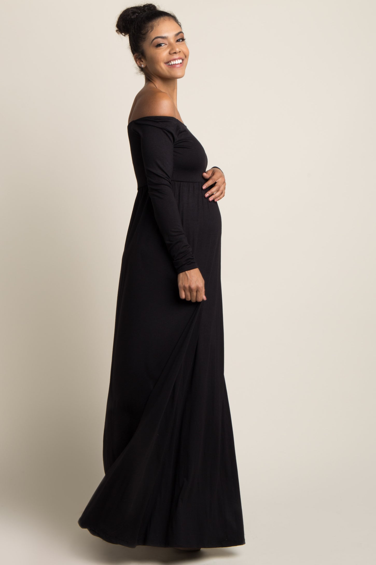 PinkBlush Petite Black Solid Off Shoulder Maternity Maxi Dress PinkBlush Petite Black Solid Off Shoulder Maternity Maxi Dress