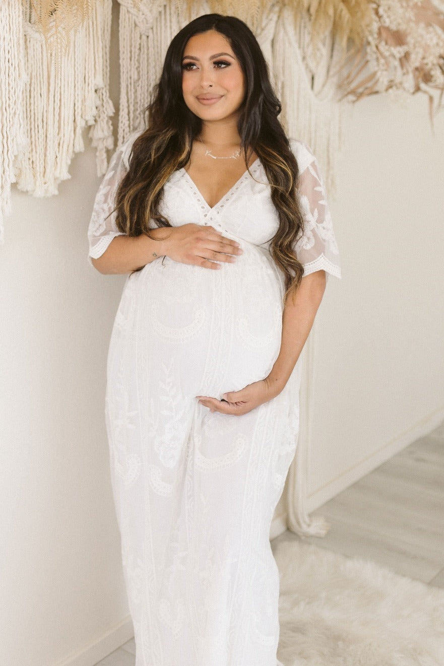 PinkBlush White Lace Mesh Overlay Maternity Maxi Dress