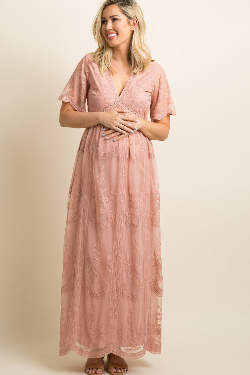 Light Pink Lace Overlay Maternity Maxi Dress Light Pink Lace Overlay Maternity Maxi Dress