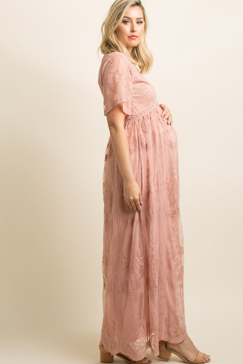 maternity elegant v-neck stitching mesh gown pink dress Maternity Elegant V-neck Stitching Mesh Gown Pink Dress Only $49.90