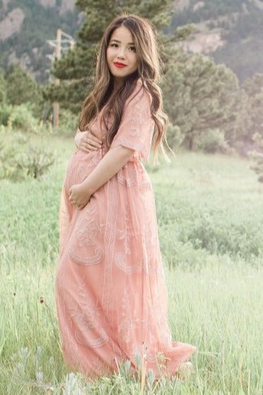 Pinkblush Light Pink Lace Mesh Overlay Maternity Maxi Dress Medium