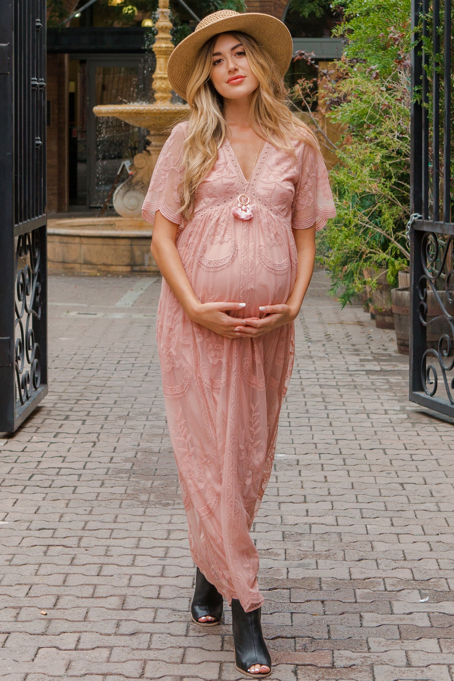 Light Pink Lace Mesh Overlay Maternity Maxi Dress PinkBlush Light Pink Lace Mesh Overlay Maternity Maxi Dress PinkBlush