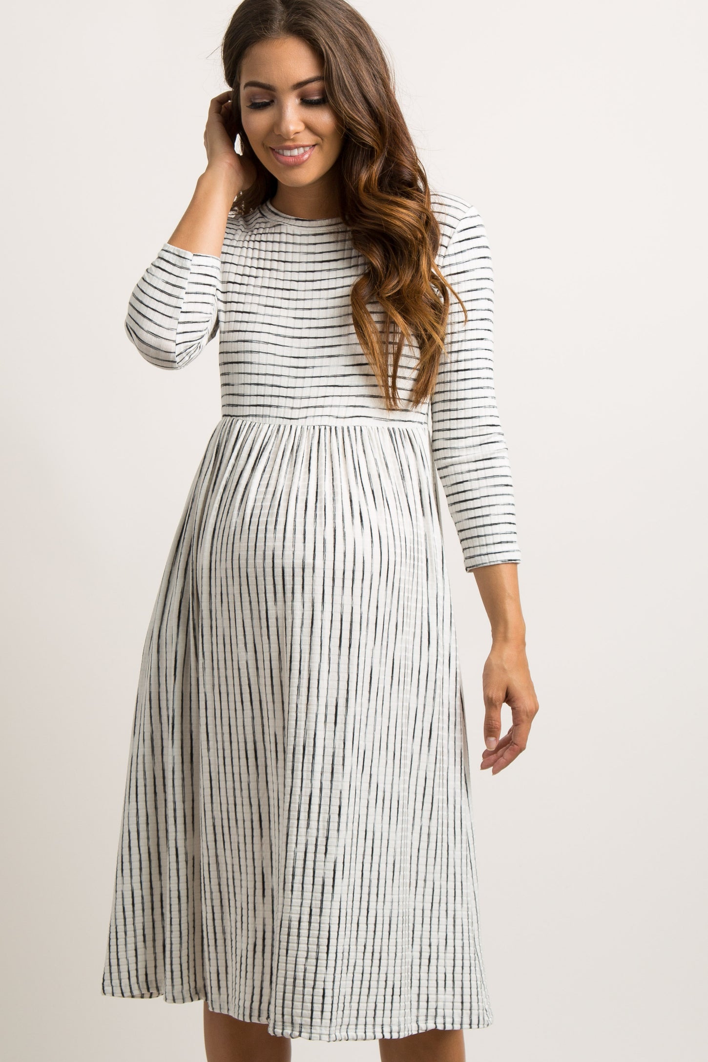 Pinkblush Maternity Ivory Ribbed Striped Midi Dress