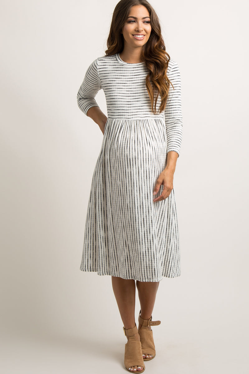 Pinkblush Maternity Ivory Ribbed Striped Midi Dress - Ivory Pinkblush Maternity Ivory Ribbed Striped Midi Dress - Ivory