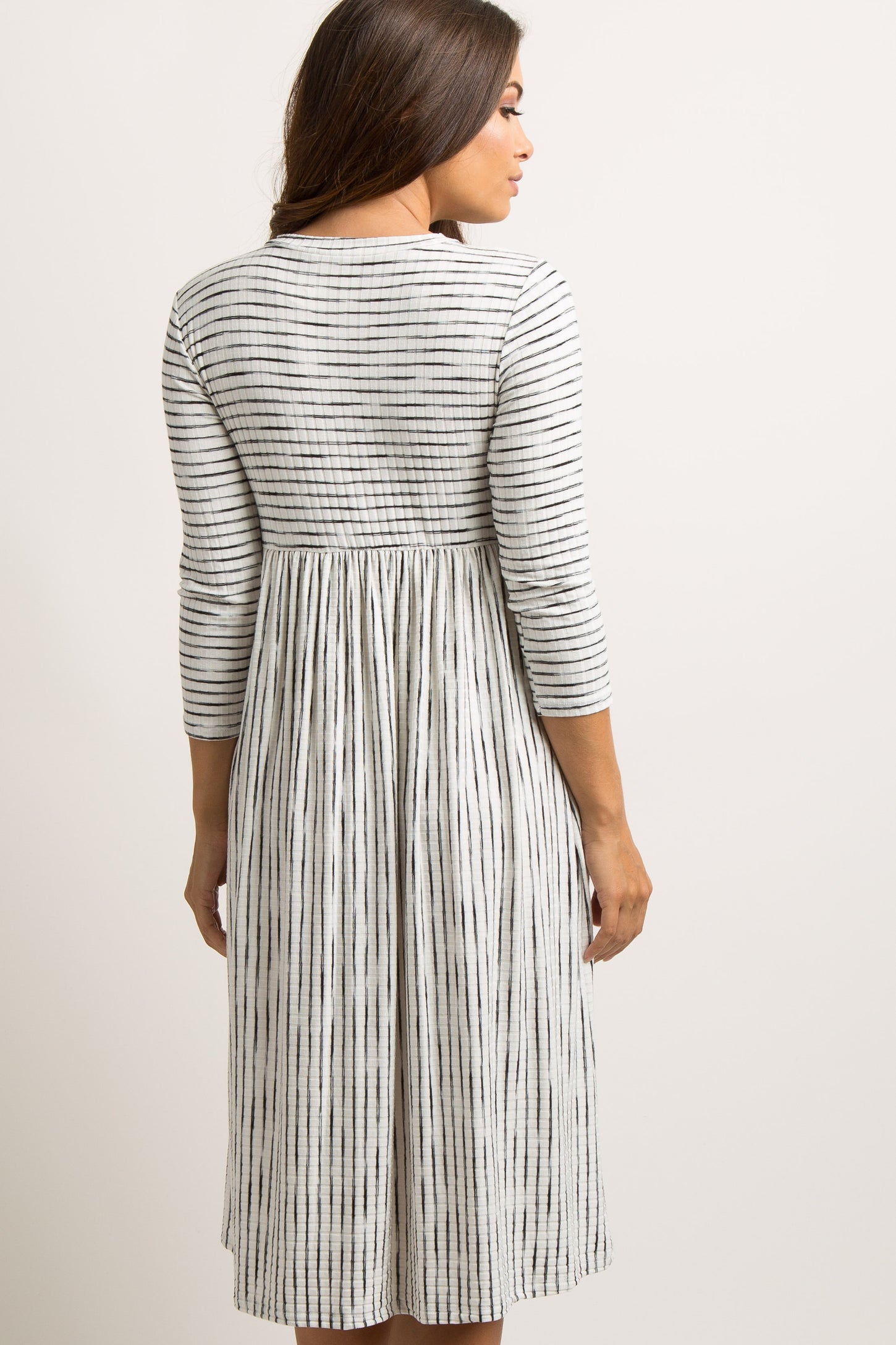 grey and white striped maternity dress Women's Hatch Body Maternity Dress Grey/White Stripes 3/4 Sleeve Scoop Neck