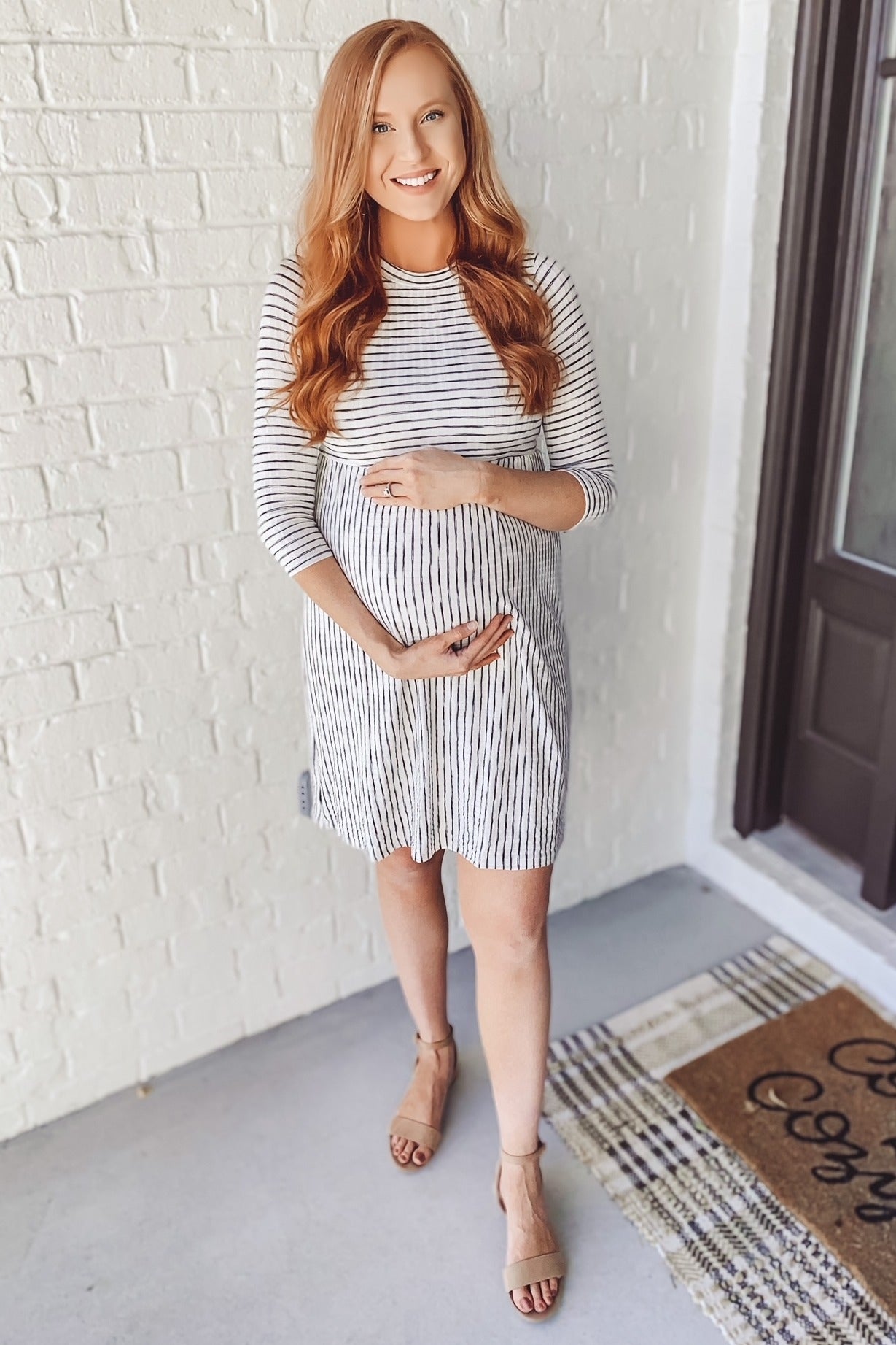 a line dress for pregnancy Pinkblush Maternity Ivory Ribbed Striped Midi Train length:Cathedral train New Foundations VM 2 while the empire waist Satin Leather Look Dress