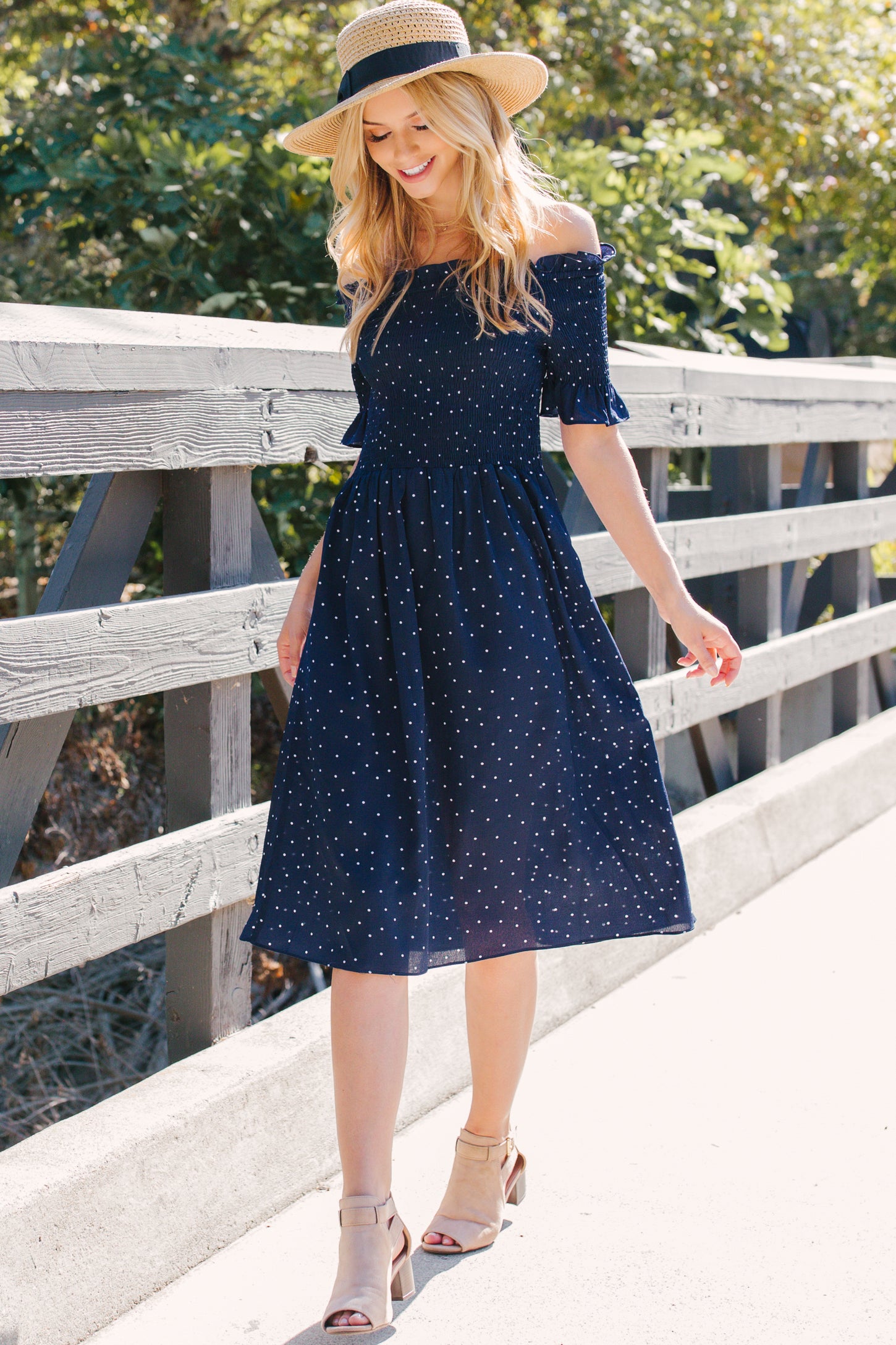 Navy Polka Dot Smocked Dress PinkBlush Navy Polka Dot Smocked Dress PinkBlush