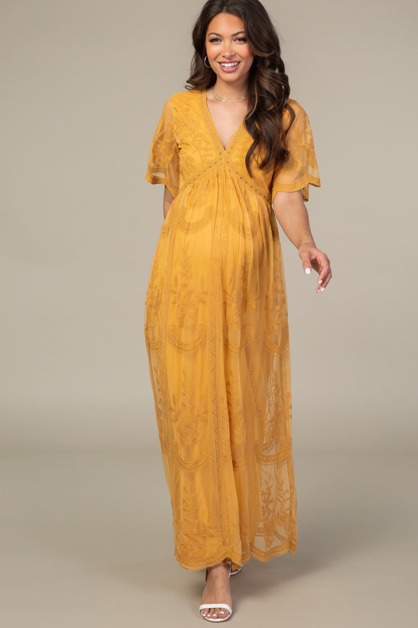 yellow maternity maxi dress PinkBlush Mustard Lace Overlay Red Bow Back Mini Color:Ivory Silk Introducing Outline Web Collection: Bridal After Party