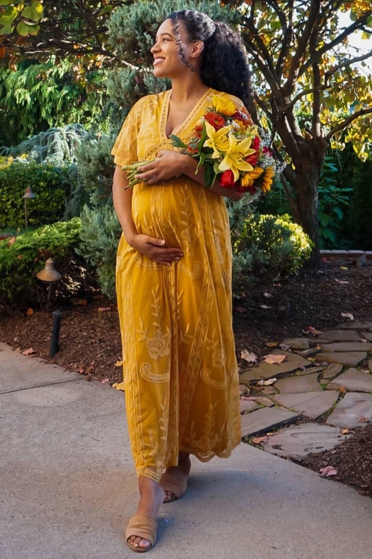 PinkBlush Mustard Lace Mesh Overlay Maternity Maxi Dress PinkBlush Mustard Lace Mesh Overlay Maternity Maxi Dress
