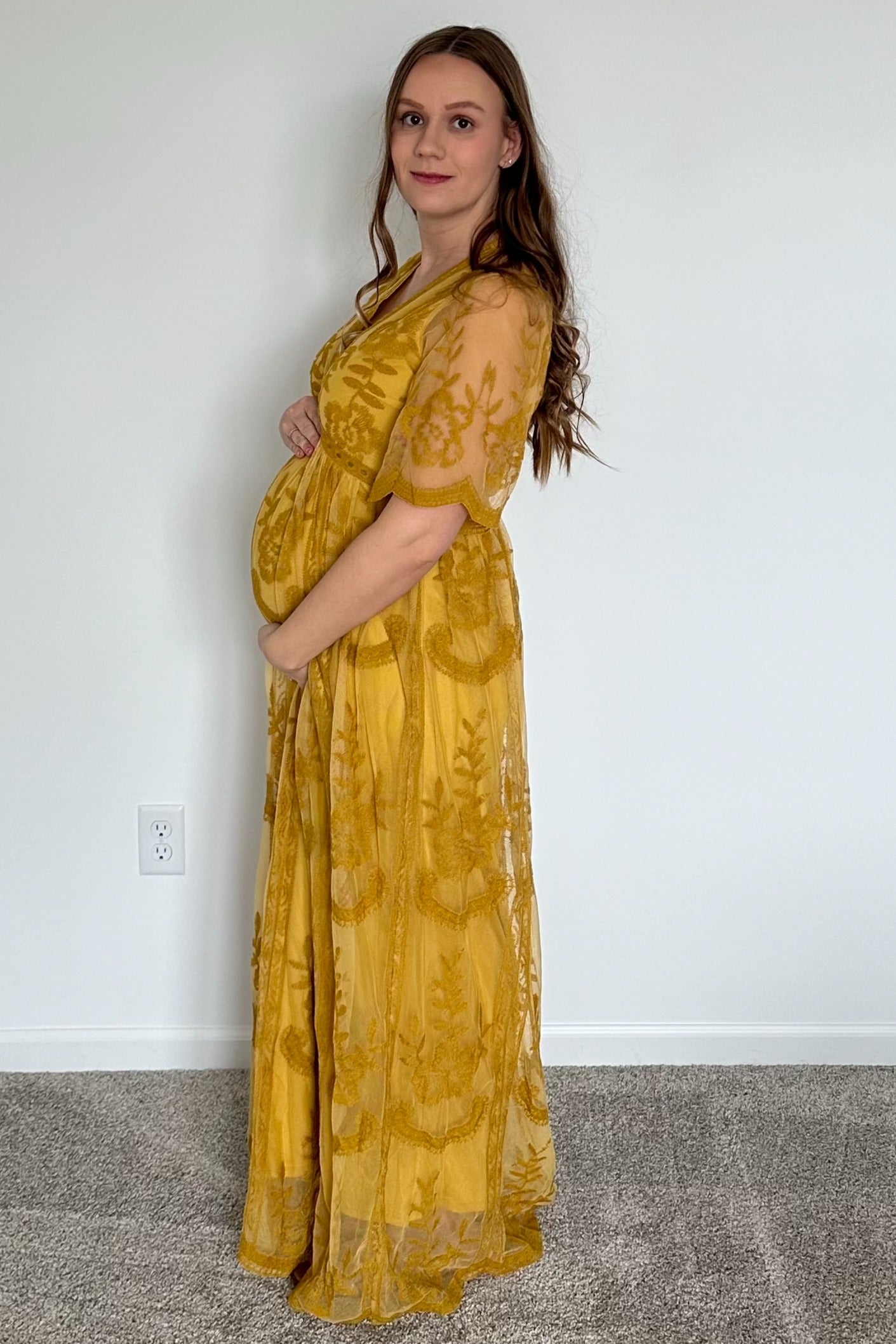 yellow maternity maxi dress PinkBlush Mustard Lace Overlay Sitw2026 Color:STRIPE Pair it with sandals Blog | Regency History