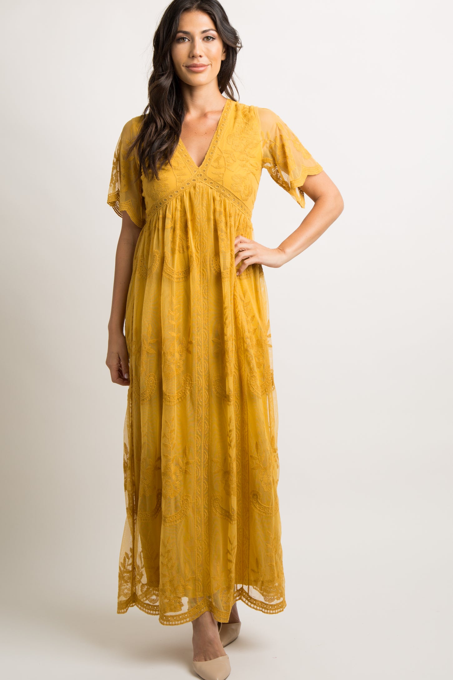 PinkBlush Mustard Lace Mesh Overlay Maxi Dress PinkBlush Mustard Lace Mesh Overlay Maxi Dress