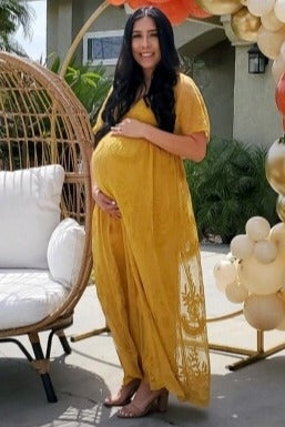 PinkBlush Mustard Lace Mesh Overlay Maternity Maxi Dress PinkBlush Mustard Lace Mesh Overlay Maternity Maxi Dress