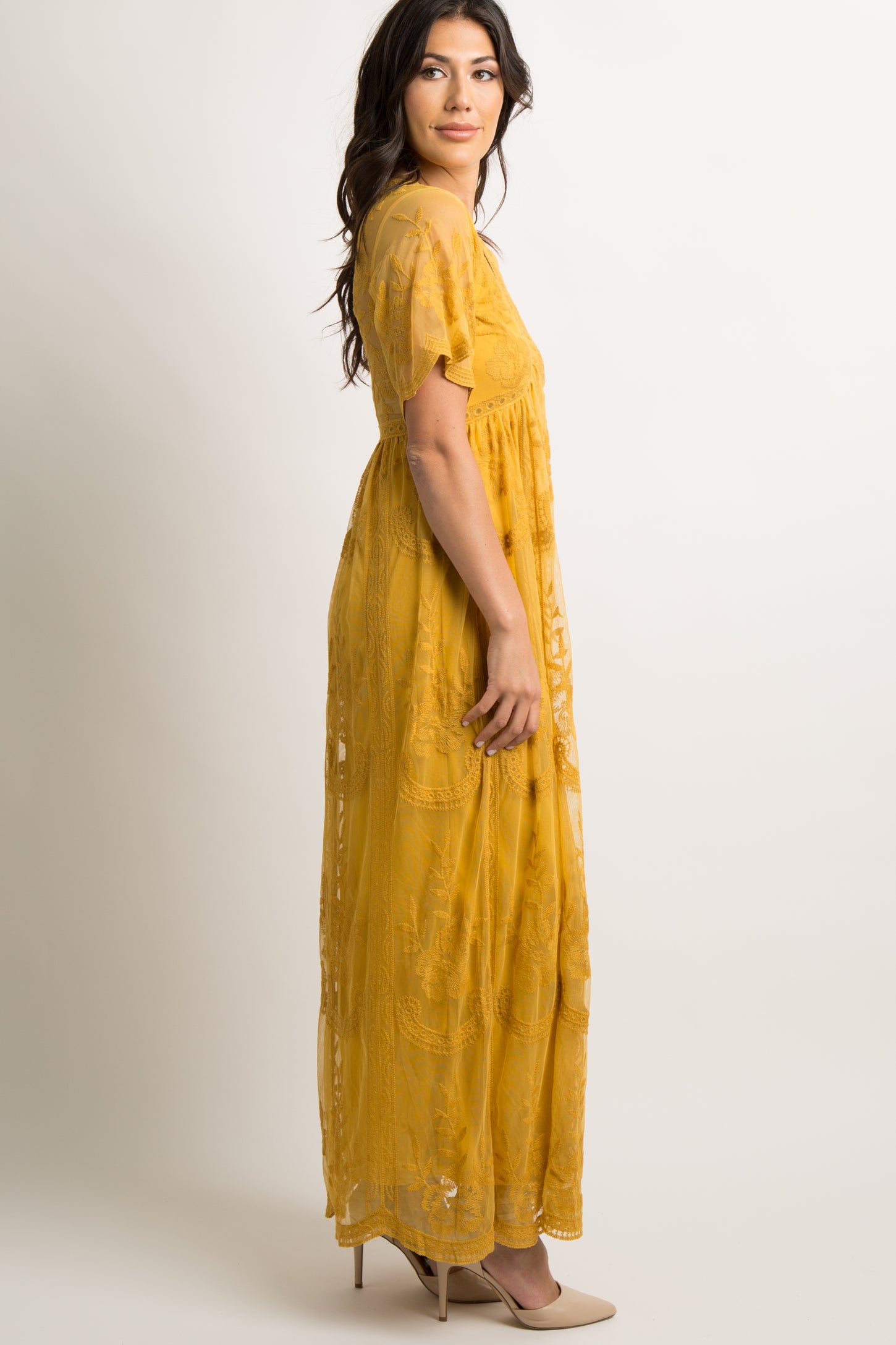 PinkBlush Mustard Lace Mesh Overlay Maxi Dress PinkBlush Mustard Lace Mesh Overlay Maxi Dress