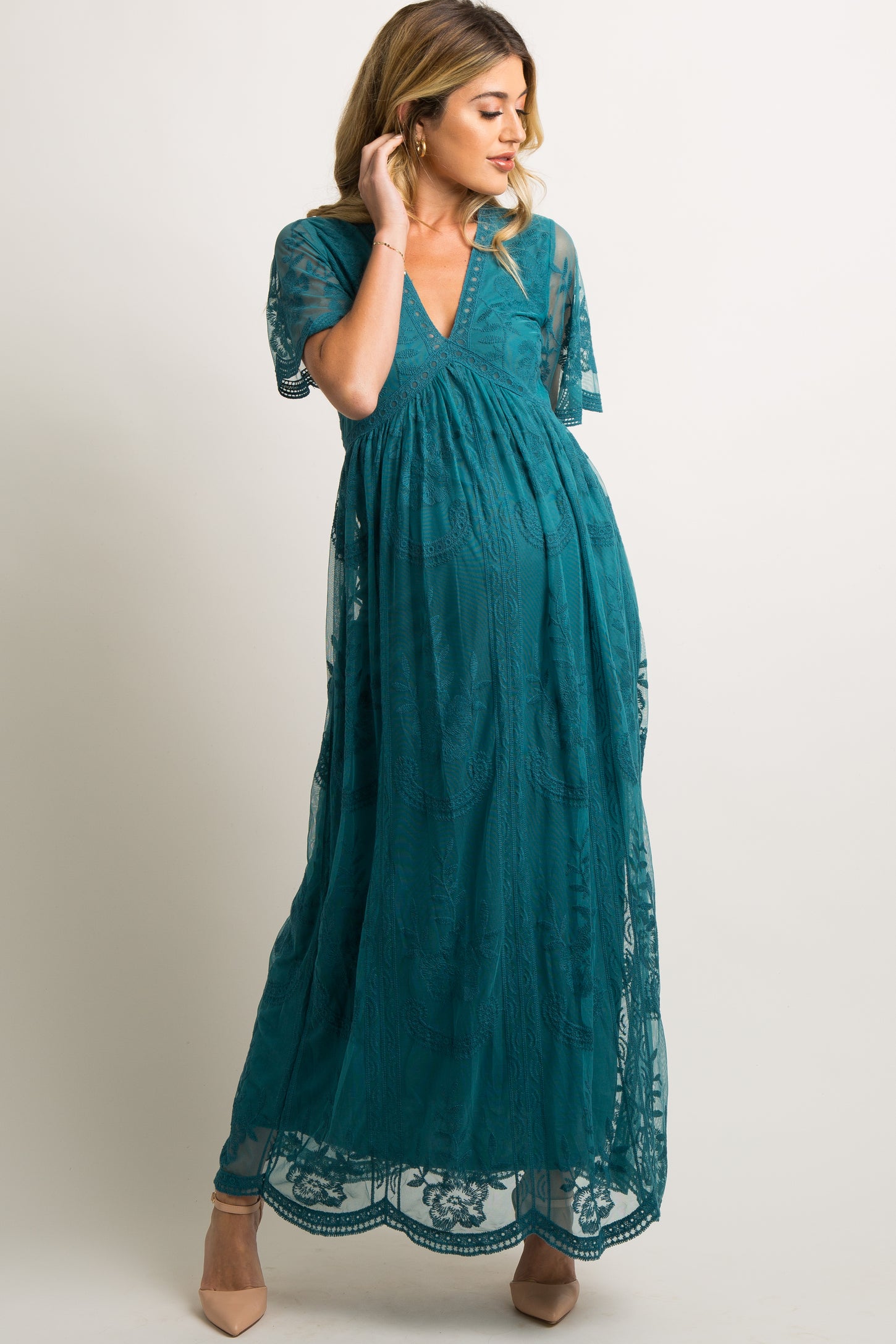 PinkBlush Teal Lace Mesh Overlay Maternity Maxi Dress PinkBlush Teal Lace Mesh Overlay Maternity Maxi Dress