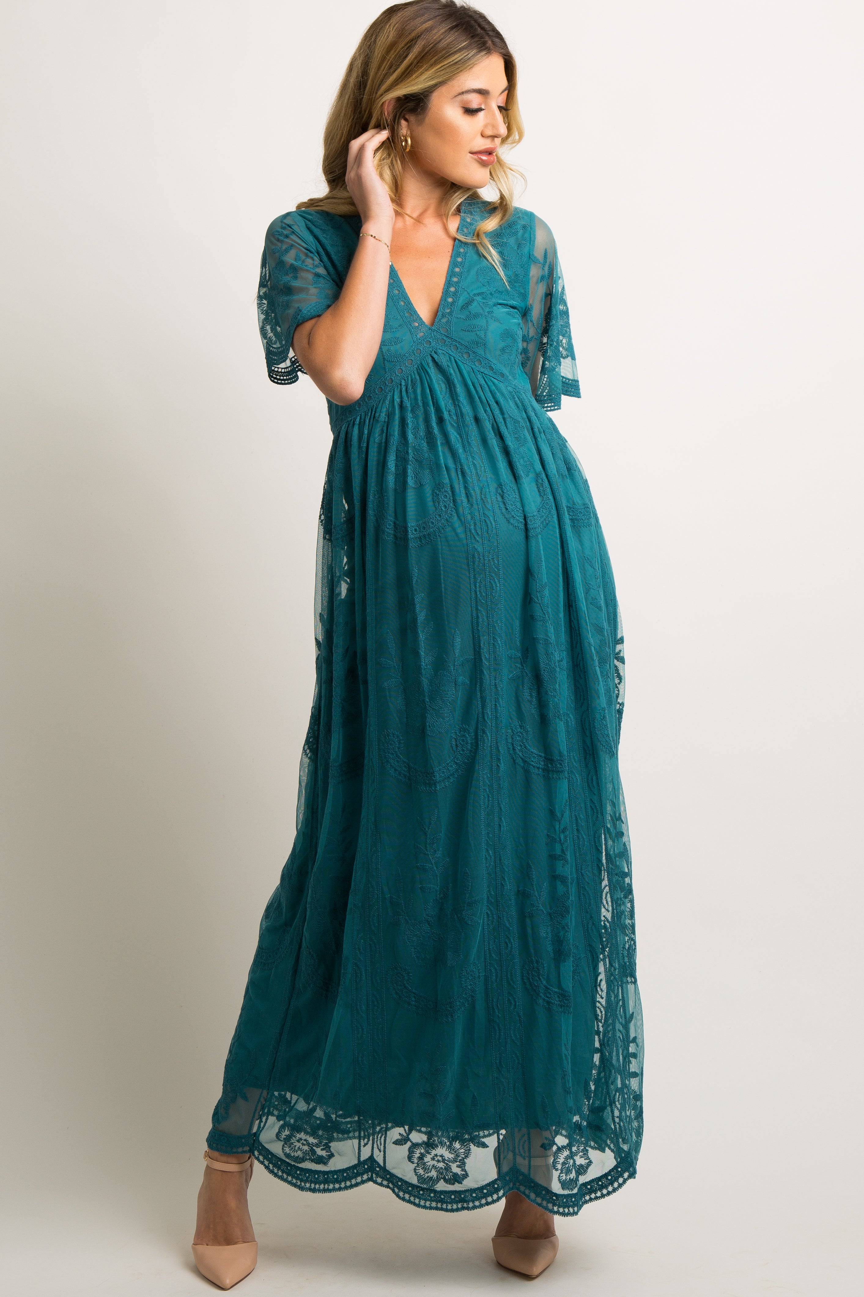 Pinkblush Teal Lace Overlay Maternity Maxi Dress Pinkblush Teal Lace Overlay Maternity Maxi Dress